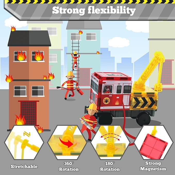 Magnetic Tiles for Kids, 56PCS Construction Magnet Tiles with Fire Truck & Station, Building, Road, Crane, and Car Truck - STEM Magnetic Blocks for Kids Ages 4-8, Toys for 4+ Year Old Boys Gifts