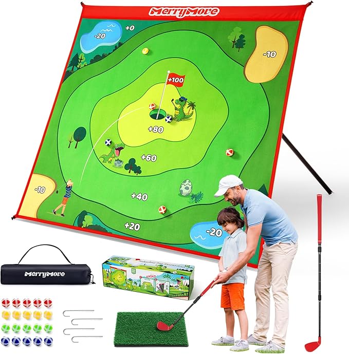 Golf Chipping Game Set: Large Chipping Mat, 1 Adjustable Club, 20 Sticky Balls, Indoor Outdoor Golf Practice Training Toy Gift for Kids Adults, Family Yard Target Game