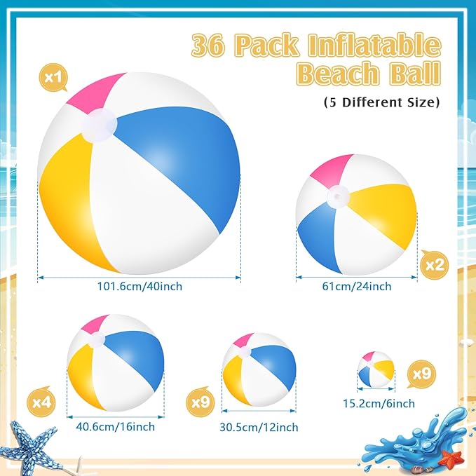 Realspring 36 Pcs Inflatable Beach Balls Bulk 6" 12" 16" 24" 40" Multiple Sizes PVC Summer Swimming Pool Ball for Adults Outdoor Beach Hawaii Water Games Party Decorations