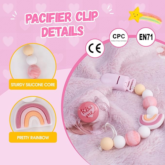 Aori Pacifier Clips for Rebron Baby Dolls Pacifier Holders Silicone Paci Clips with Magnetic Paci -Pink