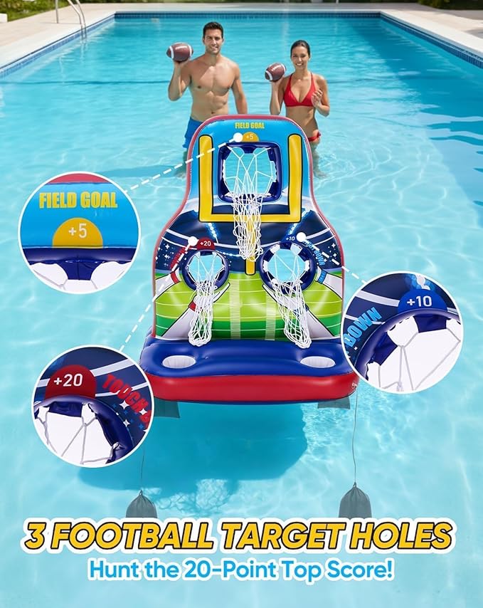 Inflatable Football Toss Pool Game Set – Floating Pool Games for Kids, Teens & Adults, Family, Includes 4 Footballs + 2 Pumps, Summer Swimming Pool Toys for Party, Beach, Lawn, Indoor/Outdoor