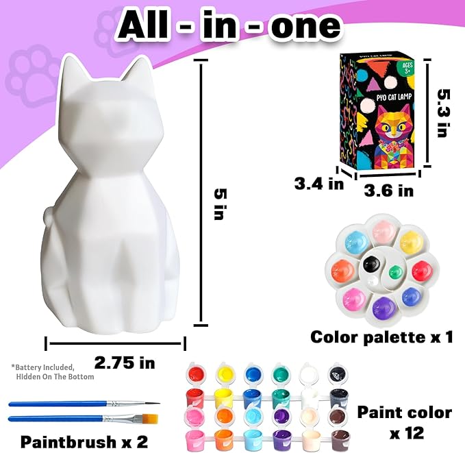 FUNZBO Paint Your Own Cat Lamp Kit - Easter Basket Stuffers, Arts and Crafts Supplies Kitten Painting for Kids Teens, DIY Night Light Toy for Girls Boys Age 3 4 5 6 7 8 9 10 11 12 13 Birthday Gifts