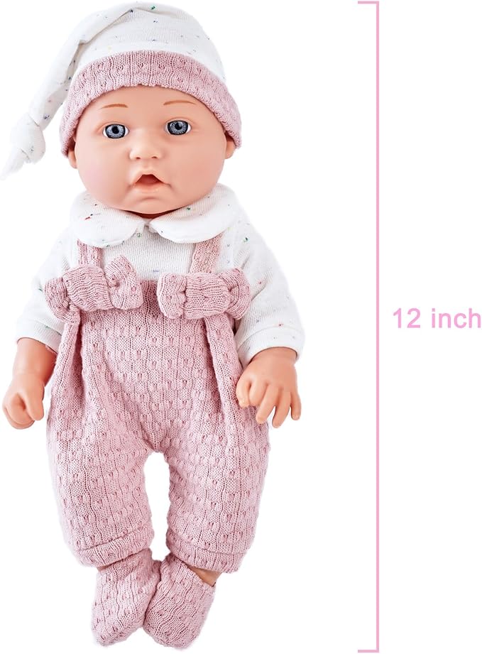 Enjoyin 12 Inch Baby Doll Playset for Toddlers Girl - Doll Accessories with Pink Clothes, Pacifier, Feeding Bottle& Soft Blanket, for Girls Ages 3 and Up