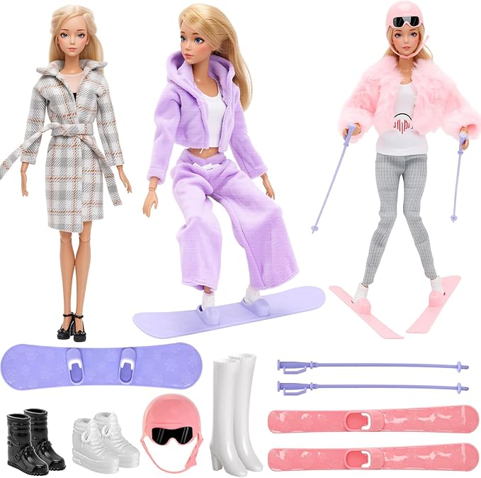 13 Pcs Doll Winter Clothes and Accessories - 3 Set Dolls Winter Coat Clothes, 2 Pairs of Shoes and 8 Pcs Skiing Accessories for 11.5 Inch Girl Doll Winter Playset