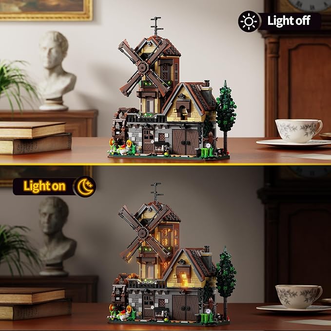 Wood Cabin Building Set with Light, Mechanical Farm House Building Block Toys with Rotating Windmill Waterwheel Castle Architecture Model Set 1436 Pcs for Adults Teens Kids Boys Girls 10-12+