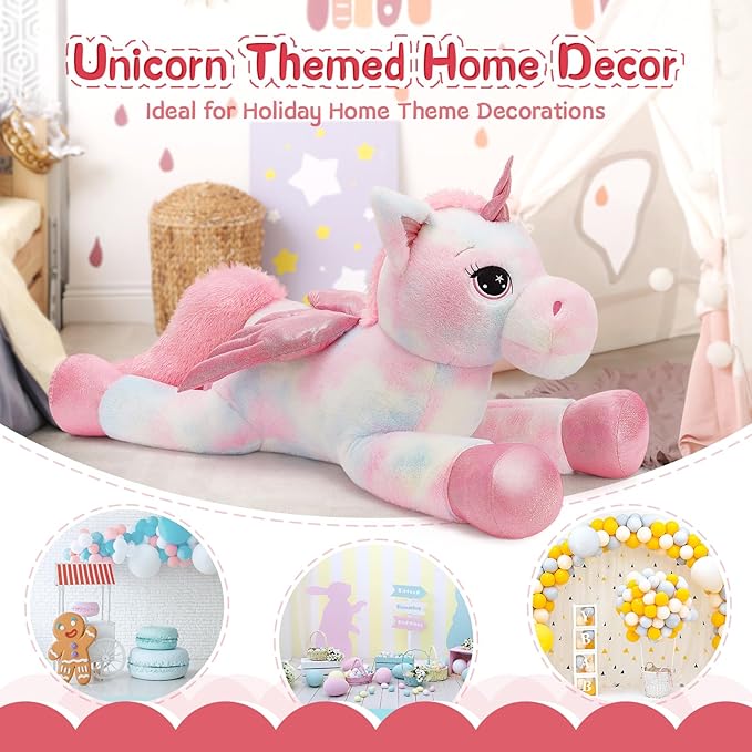 Tezituor 43 Inch Rainbow Pink Unicorn Stuffed Animal with Wing, Giant Stuffed Unicorn Plush Toys for Girls Kids Boys Women,Soft Plushie Gifts for Valentines Day,Christmas, Birthday Party