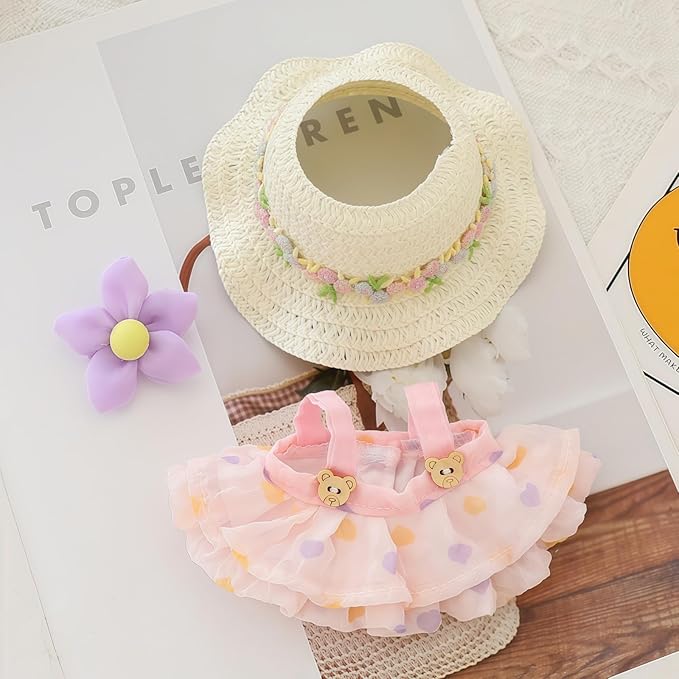 Clothes for Lu bubu 17cm Dolls Accessories (No Doll), Kawaii Hat Skirt Outfit Set 3 Pieces for 17cm Dolls Suit, Stylish Flower Doll Hat Clothing Set Replacement Pink
