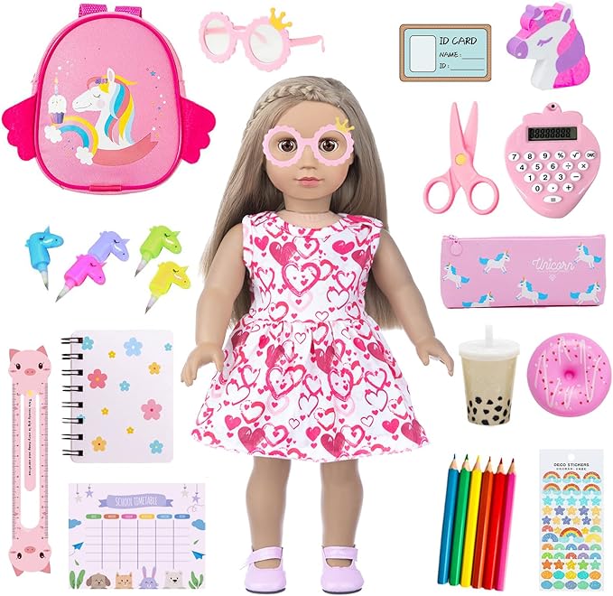 BDDOLL Doll Clothes and Accessories School Supplies Playset for 18 Inch Girl Doll with Doll Clothes,School Bags, Student Cards, Glasses, Pencils, calculators, Scissors, notebooks, etc