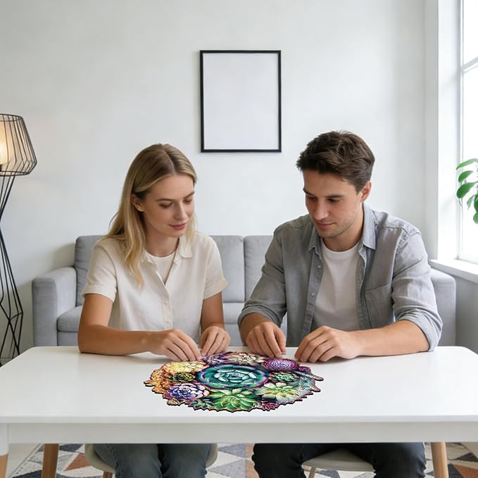 Delobil Wooden Jigsaw Puzzles - Mandala Succulent Plants, 100 Piece Luxurious Shaped Wooden Puzzles for Adults and Kids, Family Game, 7.7'' x 7.4''