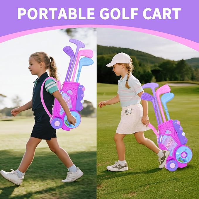 Nattork Toddler Golf Set with Putting Mat for Boys Girls Aged 1 2 3 Years Old, Upgraded Kids Golf Cart with 4 Clubs & 12 Balls, Outdoor Indoor Sports Toy Birthday Gift, Rose