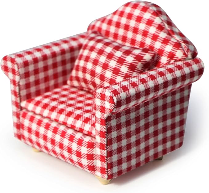 Dollhouse Couch with Pillow 1 12 Scale Miniature Sofa Arm Chair Living Room Furniture Wooden Fabric Frame Single Reading Chair Artificial House Room Scene Decoration (Plaid)