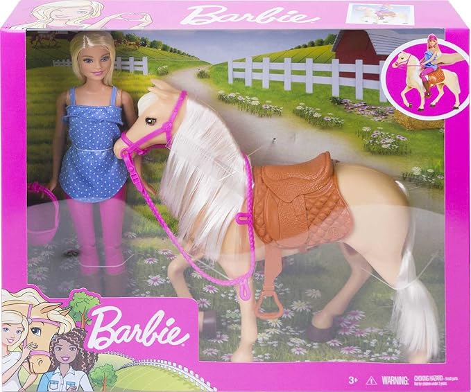 Barbie Doll, Blonde, Wearing Riding Outfit with Helmet, and Light Brown Horse with Soft White Mane and Tail, Gift for 3 to 7 Year Olds (Amazon Exclusive)