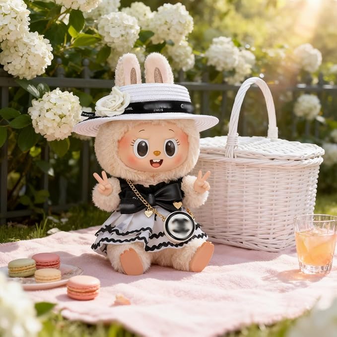 Doll Clothing Set (No Doll), Cute Cropped Straw Hat, Crossbody Bag, Dress, Suitable for 15-17cm Dolls, Outfit Accessory Set for Unique Styling (Black-A)