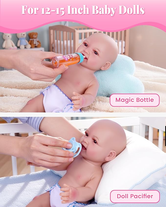 BABESIDE Baby Doll Accessories, Doll Carrier with Magic Bottle, Doll's Diaper, Pacifier – Baby Dolls Accessories Set for 12-15 Inch Dolls, Pretend Play Gift for Girls Boys Ages 3+