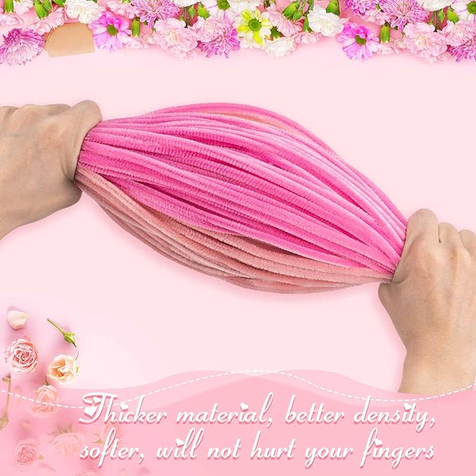 Peryiter 500 Pieces Pipe Cleaners Chenille Stems for Flowers Craft Supplies Bulk Fluffy Fuzzy Sticks for DIY Art Projects Creative Gift Wrapping Party Decorations(Pink Flower,12 Inch)