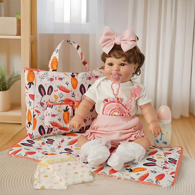 BABESIDE 7 Pcs Reborn Doll Accessories Set for 17-22 Inch Dolls, Feeding and Care Set, Including Diaper Bag, Great for Children's Pretend Play (Dolls not Included)