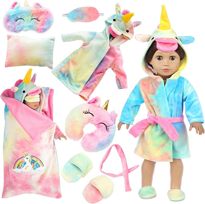 XFEYUE American 18 inch Doll Clothes and Sleeping Bag Set - Rainbow Unicorn Doll Costume with Unicorn Style Sleeping Bag, Pillow, Eye Mask Slumber Party Accessories Fits 18 Inch (NO Dolls)