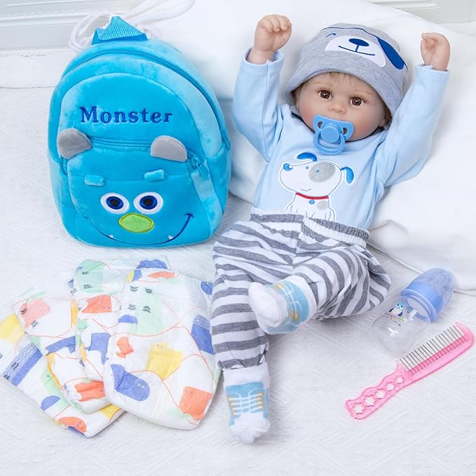 PEDOLLTREE 12 Pcs Set Reborn Baby Doll Clothes Accessories Blue Puppy Outfit Set for 18-22 Inch Newborn Baby Boy Reborn Doll Clothes with Monster Backpack