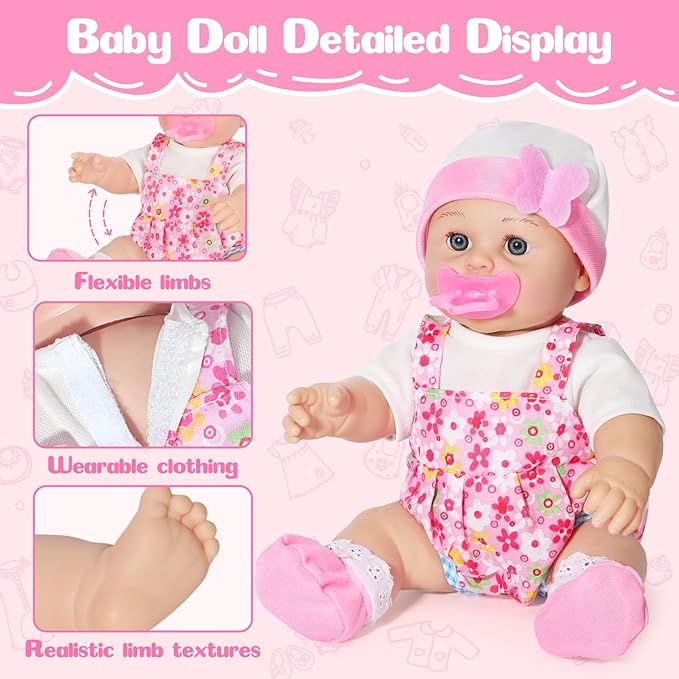 Mastom 12'' Baby Doll Playset with 4 Outfits Backpack, 12 Inch Realistic Baby Dolls with Clothes Backpack and 2 Bottles Bib Quilt Nipple Socks, Pretend Play Baby Doll Gift for Toddlers Girls Age 3+
