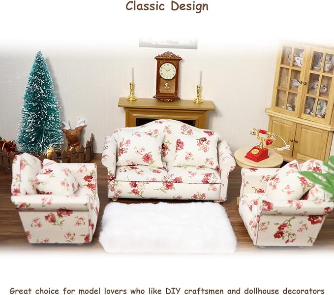 Dollhouse Couch Miniature Sofa with Pillows Dollhouse Living Room Funiture 1:12 Model 3 Pcs High Simulation Upholstered Armchair Mini Room Artificial House Scene Decoration (White Floral)