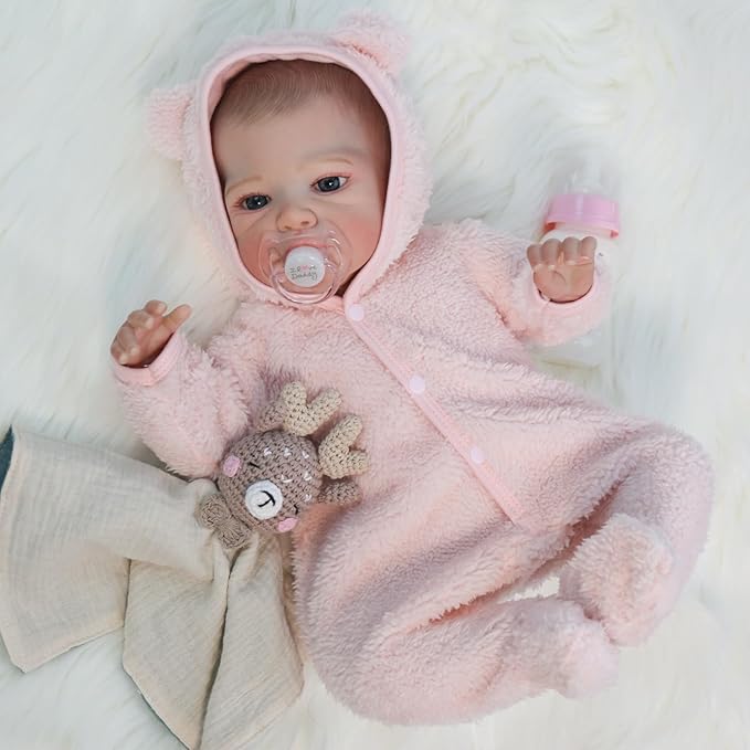 WOOROY Realistic Reborn Baby Doll - 20 Inch Lifelike Reborn Baby Girl with Open Eyes in Pink Plush Outfit, Handmade Collectible Gift with Accessories for Kids 3+