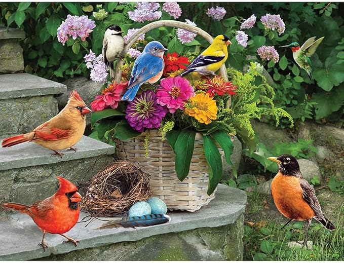 Bits and Pieces – Large 500 Piece Jigsaw Puzzle for Adults – Birds On The Porch Steps - Flowers Jigsaw Puzzle by Greg Giordano, Completed Puzzle Size: 18" x 24"