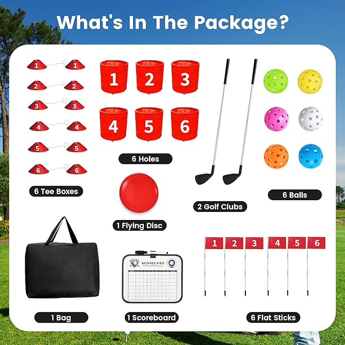 Golf Bucket Yard Game 6-Hole Set with 2 Clubs, Portable Outdoor Yard Game for Family and Adults, Golf Chipping Practice for Lawn, Beach, Camping, Park