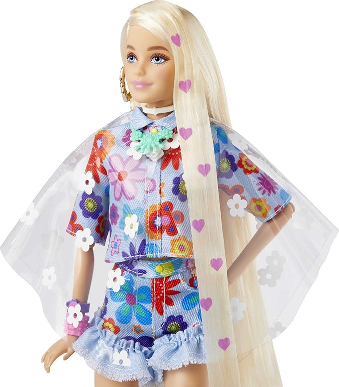 Barbie Extra Doll and Accessories with Extra-Long Blonde Hair Wearing Floral Outfit & Poncho with Pet Bunny