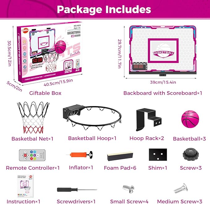 VATOS Basketball Hoop for Girls Indoor, Pink Basketball Hoop with 7 Color Lights, Electronic Scoreboard & Remote Controller, Basketball Set Toys Birthday Gifts for Girls Kids Teens 5-12