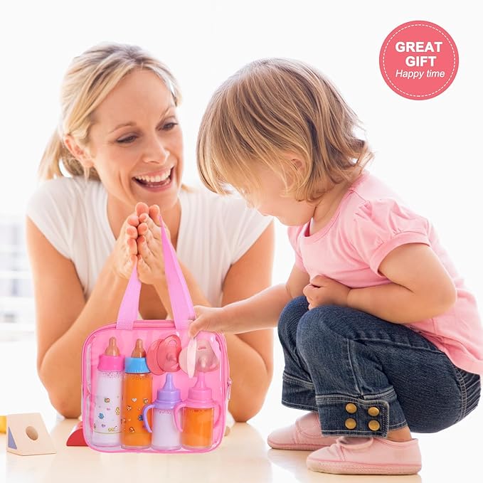 Baby Doll Bottles Accessories Set for Toddlers, 2 Milk and 2 Juice Bottles and 2 Toy Pacifier (Pink)