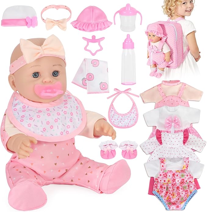 Mastom 12'' Baby Doll Playset with 4 Outfits Backpack, 12 Inch Realistic Baby Dolls with Clothes Backpack and 2 Bottles Bib Quilt Nipple Socks, Pretend Play Baby Doll Gift for Toddlers Girls Age 3+