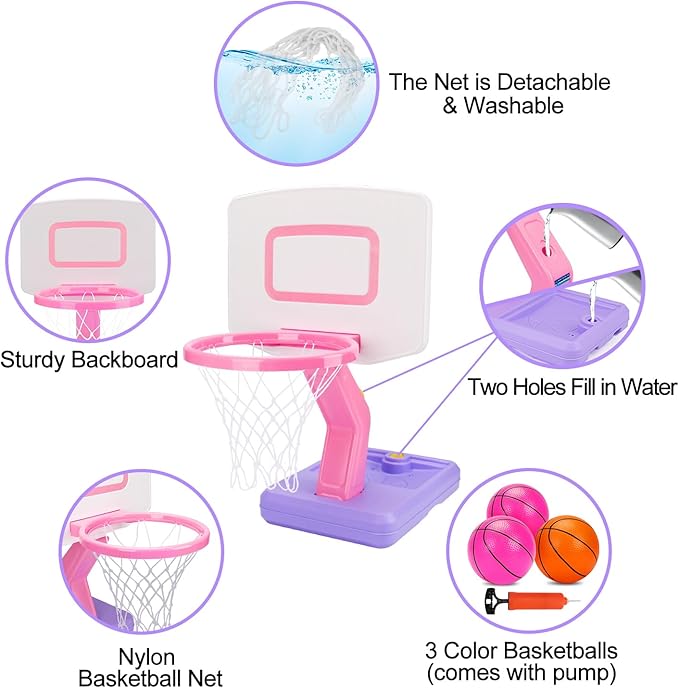 Qirptey Toddler Girl Basketball Hoop Indoor Pink Adjustable Mini Basketball Goal with Ball Pump for Outdoor Poolside Toys Backyard Game Outside Basketball Toy for Kids Age 3-5 6 7 4-8 Birthday Gift