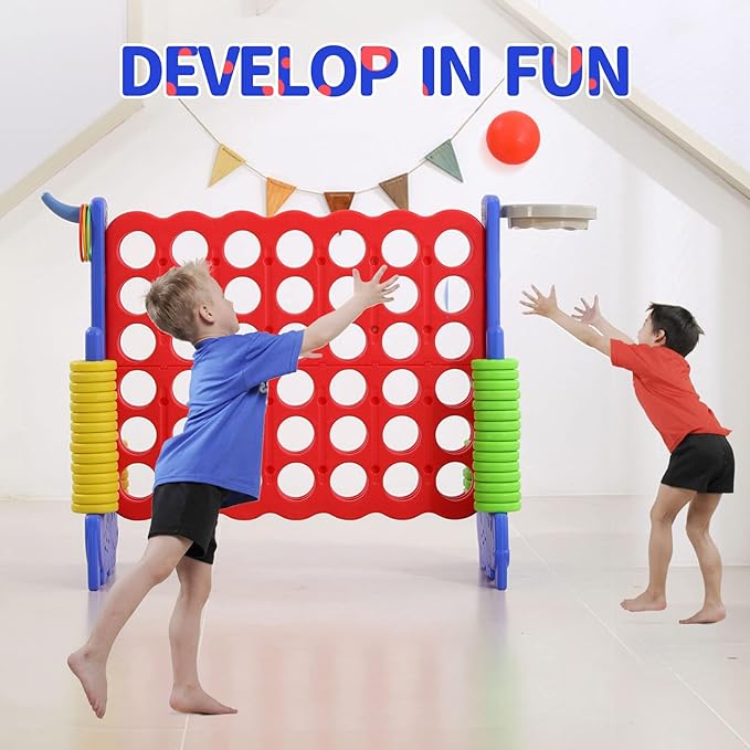 UNICOO Giant 4-in-a-Row Game with Carry Bag, 3-in-1 Jumbo 4-to-Score Outdoor Yard Game with Basketball Hoop, Ring Toss, Quick-Release Slider, 42 Rings, Family Party Game for Kids & Adults