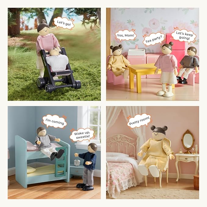 Tiny Land Wooden Dollhouse People Set, 5-Piece Poseable Wooden Doll Family with Dad, Mom, Brother, Sister, Baby and Stroller, Dollhouse Accessories Toy Pretend Play Gift for Kids Ages 3+