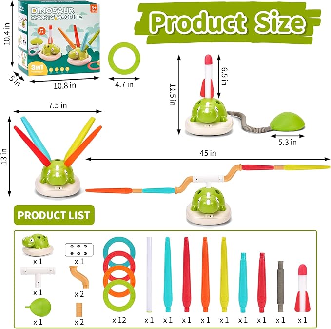 3 in 1 Dinosaur Rocket Launcher, Musical Jump and Toss, Activity Spinning Dinosaur Toy with Remote Control, Indoor & Outdoor Sports Toys