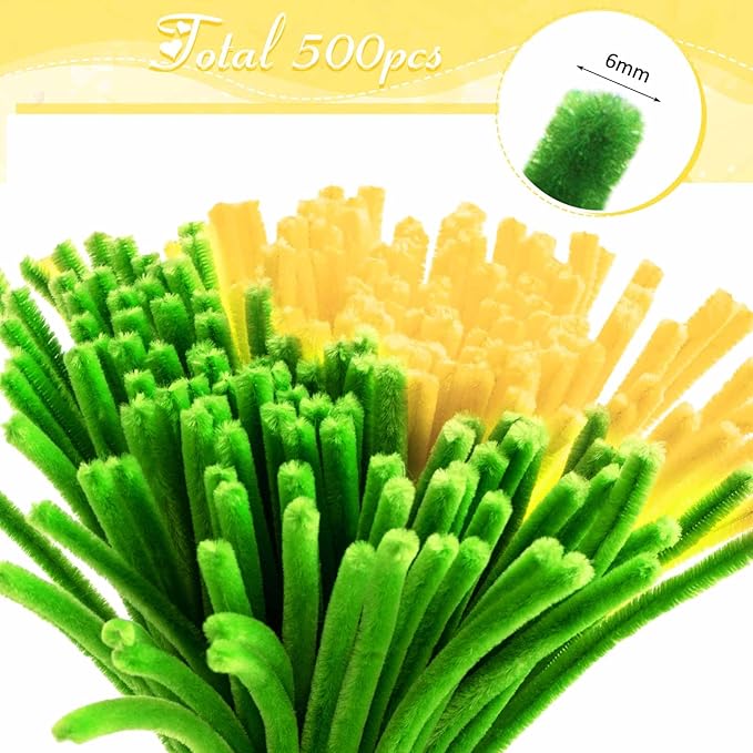 Peryiter 500 Pieces Pipe Cleaners Chenille Stems for Flowers Craft Supplies Bulk Fluffy Fuzzy Sticks for DIY Art Projects Creative Gift Wrapping Party Decorations(Yellow & Green Flower,12 Inch)