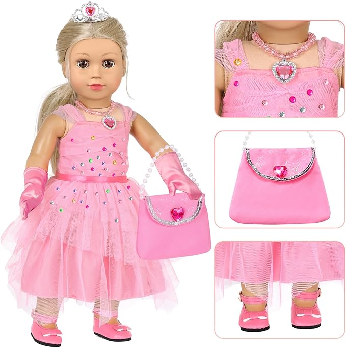 American 18 inch Girl Doll Clothes and Accessories - Princess Dress, Crown, Necklace, Lipstick, Makeup Palette, Nail Kit, Satchel, Gloves, Shoes, Sticky Rhinestones,Hair (No Doll)
