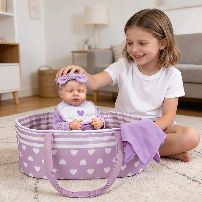 Aori Reborn Baby Dolls Bassinet Foldable Baby Doll Carrier Bed Soft Doll Carrier Doll Accessories with Handle for 17-22 inch Baby Dolls Girls (Purple)