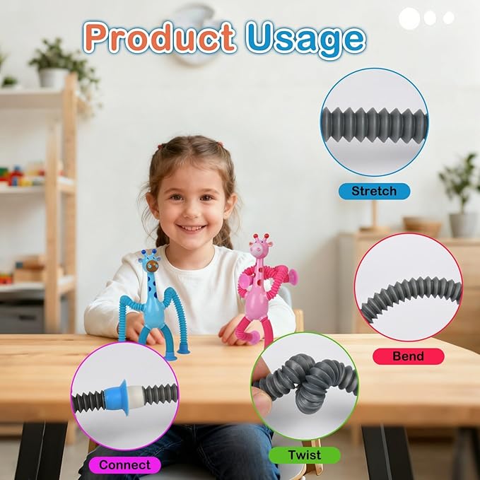 Pop Tubes Fidget Toys, 4-Pack Telescopic Suction Cup Toy for Kids Toddlers, Animal Autism Sensory Toy for Boys Girls, Funny Stocking Stuffers for Christmas Birthday Gift (Giraffe)