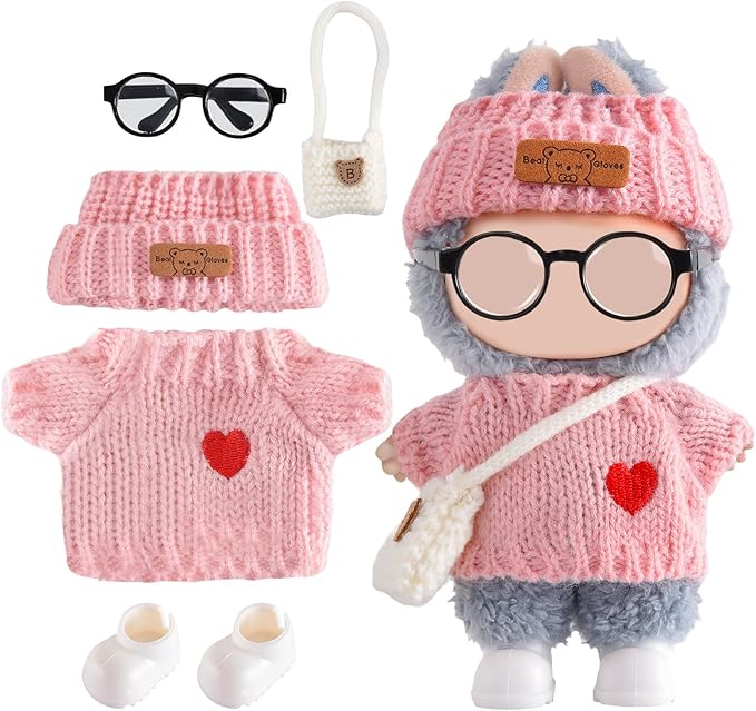 Doll Clothing for Labubu, Premium Outfits for Labubu Dressing up, Handcrafted Crochet Doll Accessories for Labubu with Sweater, Hat, Glasses, Small Bag, Boots(Pink)