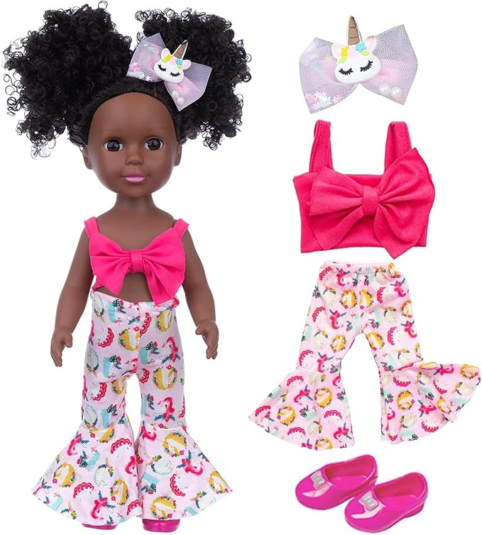 ZQDOLL Black Doll and Black Baby Doll Clothes 14.5 inch African American Silicone Girl Doll with 2 Sets Clothes and Travel Equipment Camera Backpack Glasses etc - Best Gift for Kids Girls