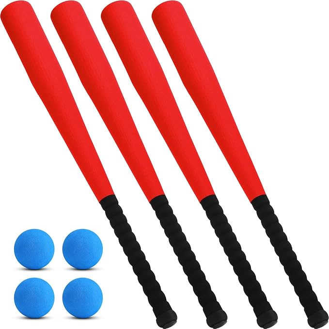 Wettarn 4 Pcs Foam Baseball Bat 24 Inches Foam Bat with Safe Soft Baseballs T Ball Set for Outdoor Indoor Sport Game Beginners Practice Playing Training(Red)