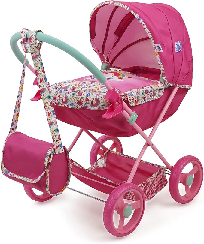 Baby Alive Deluxe Doll Pram - Pink & Rainbow - Includes Handbag, Fits 18" Dolls, Large Canopy, Storage Basket, Bassinet - Pretend Play for Kids Ages 3+