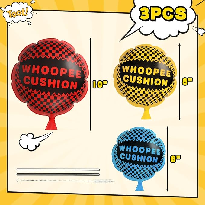 POPLAY 3 PCS Whoopee Cushions, 3 Colors Fart Prank Noise Maker Toys for Novelty Party Favors Kids (10,8,6 Inch)