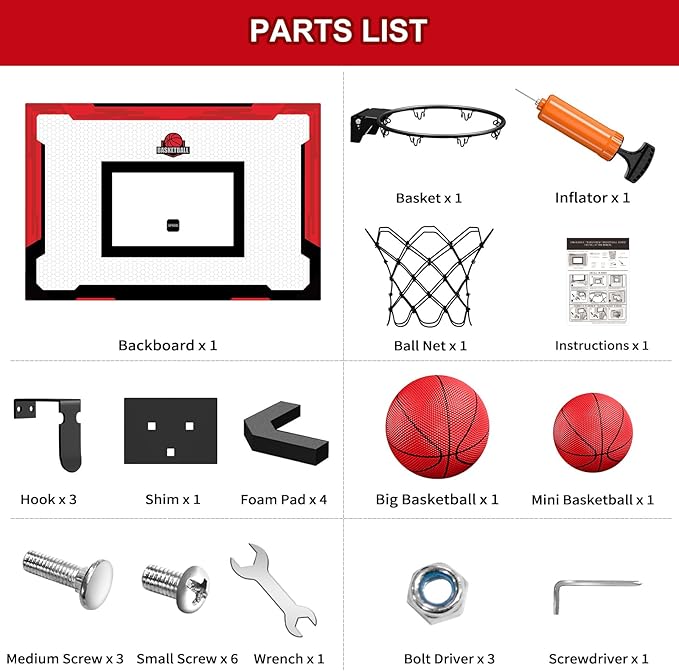 24" x 16" Large Basketball Hoop Indoor for Adults, Over The Door Basketball Hoop with Sturdy Backboard, Big Basketball Toys Gifts Ideas for Man Kids Teens Boys Girls, Red
