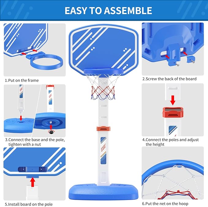 Pool Basketball Hoop, Poolside Basketball Hoop for Swimming Pool, Includes 4 Balls and Pump, Adjustable Height Indoor Outdoor Play, Pool Toys Game for Kids