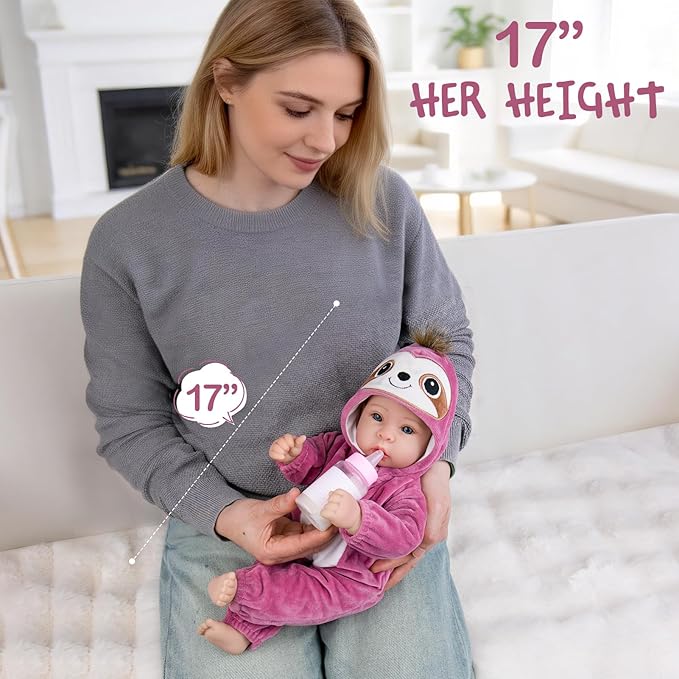 Aori 17 Inch Real Baby Dolls Realistic Lifelike Baby Doll with Soft Body & Sloth Outfits, for Girls 3+ Role Play, Adoption Day, Photography Prop, Collectible
