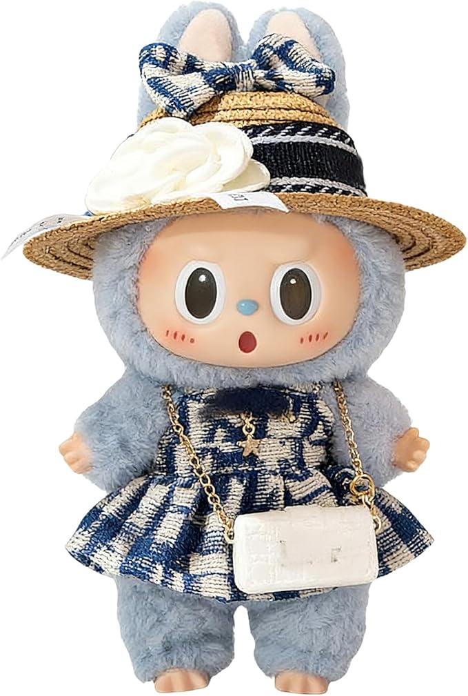 Doll Clothing Set (No Doll), Cute Cropped Straw Hat, Crossbody Bag, Dress, Suitable for 15-17cm Dolls, Outfit Accessory Set for Unique Styling (Blue-4PCS)