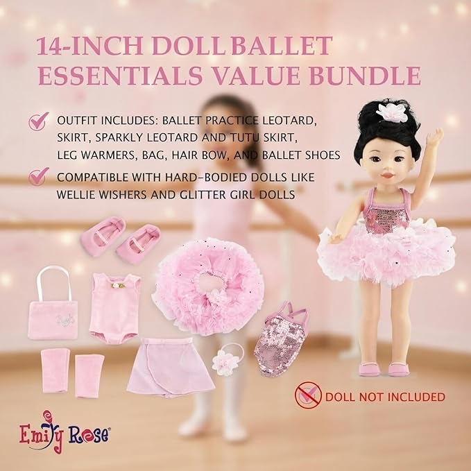Emily Rose 14 Inch Fashion Doll Clothes 9-PC Ballet Essentials Bundle with Ballerina Practice Outfit & Sparkly Dance Recital Tutu | Halloween Costume for 14" Wellie Wishers Fashion Dolls