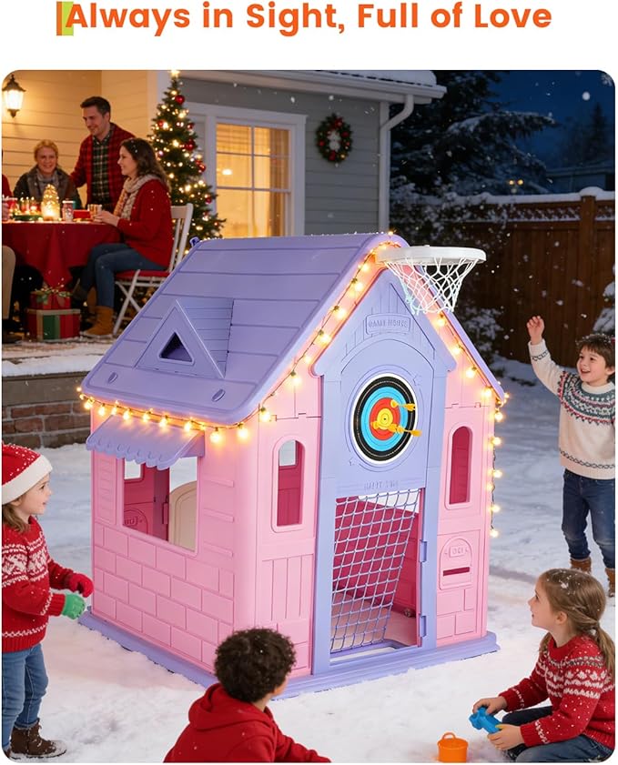 Kids Playhouse Cottage – 4-in-1 Activity Center with Magnetic Dartboard, Basketball Hoop, Soccer Goal & Ring Toss – Spacious Indoor/Outdoor Game House for Toddlers
